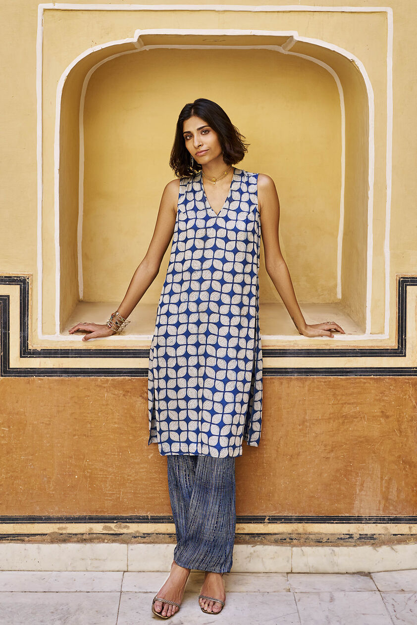 Exhale Hand-block Printed Gold Khadi Coord - Indigo, Indigo, image 4