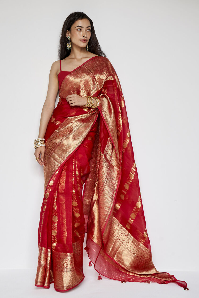 Sindhura Benarasi Silk Embroidered Saree - Red, Red, image 6