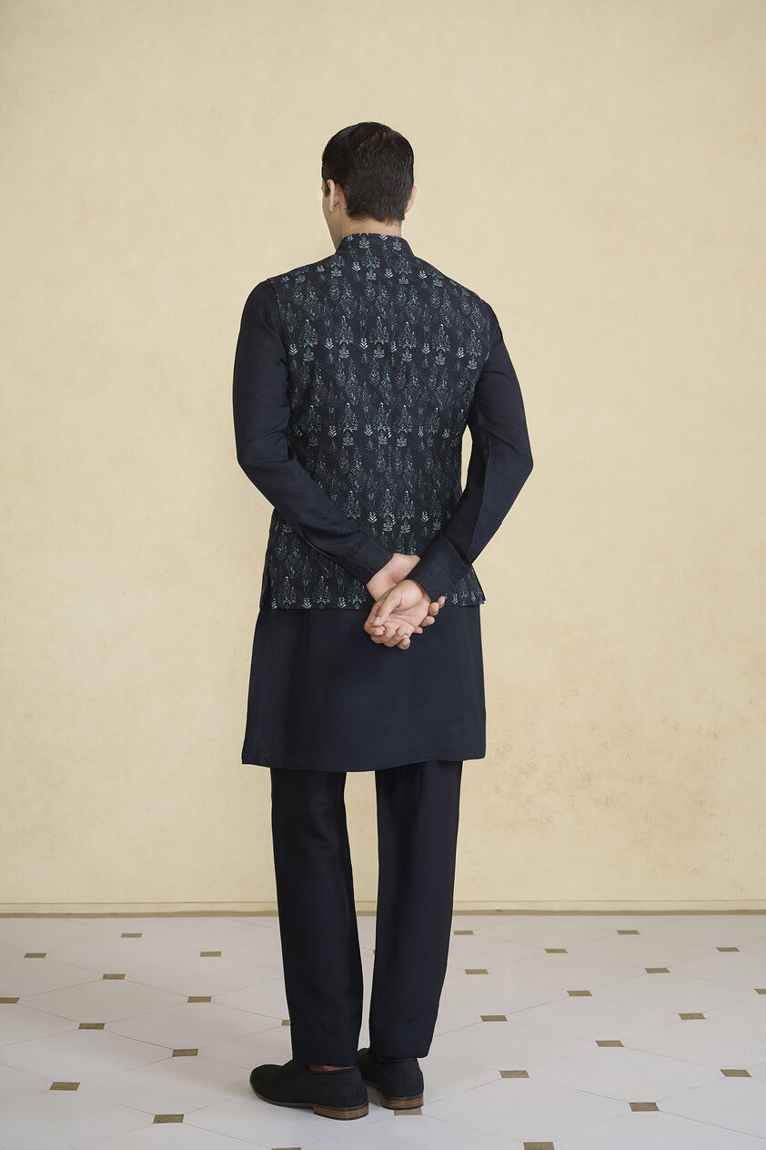 Edhas Embroidered & Printed Silk Nehru Jacket - Black, Black, image 2