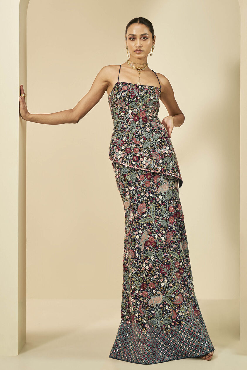 Symphony Of The Wilderness Mirror & Zardozi Silk Skirt Set - Navy, Navy, image 1