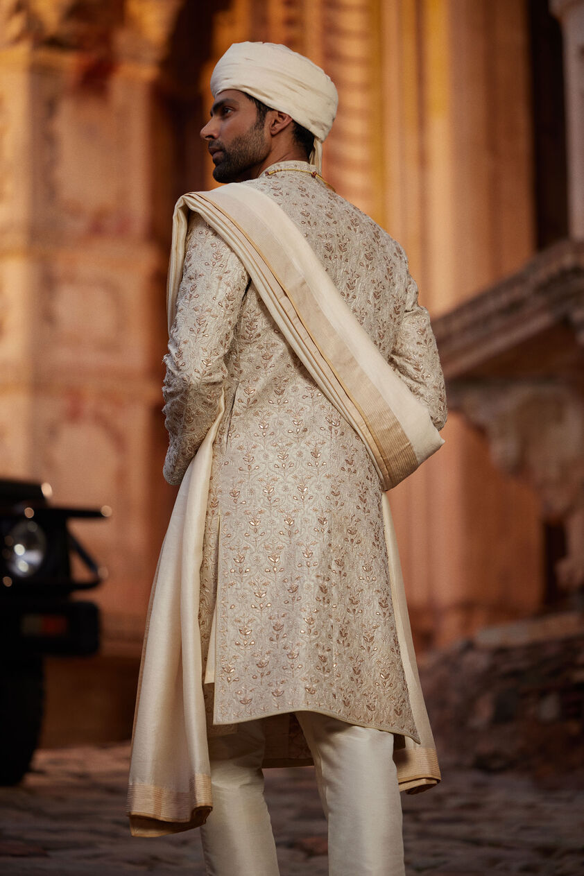 Devarsh Gota Patti & Aari Silk Sherwani - Ivory, Ivory, image 2