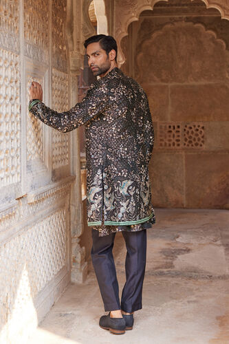 Rukham Printed Silk Sherwani - Black, Black, image 2