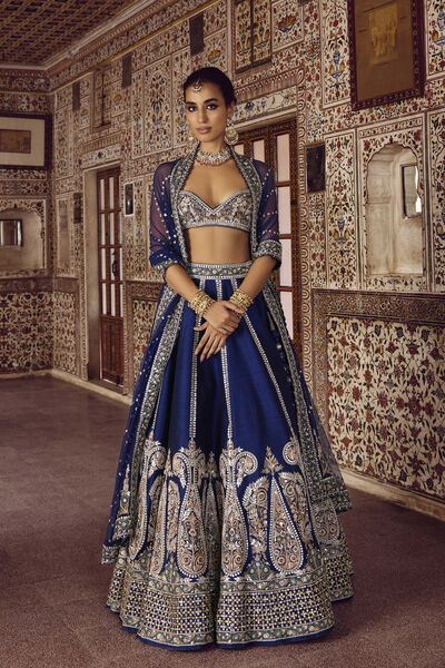 Nairab Embroidered Silk Lehenga Set - Blue