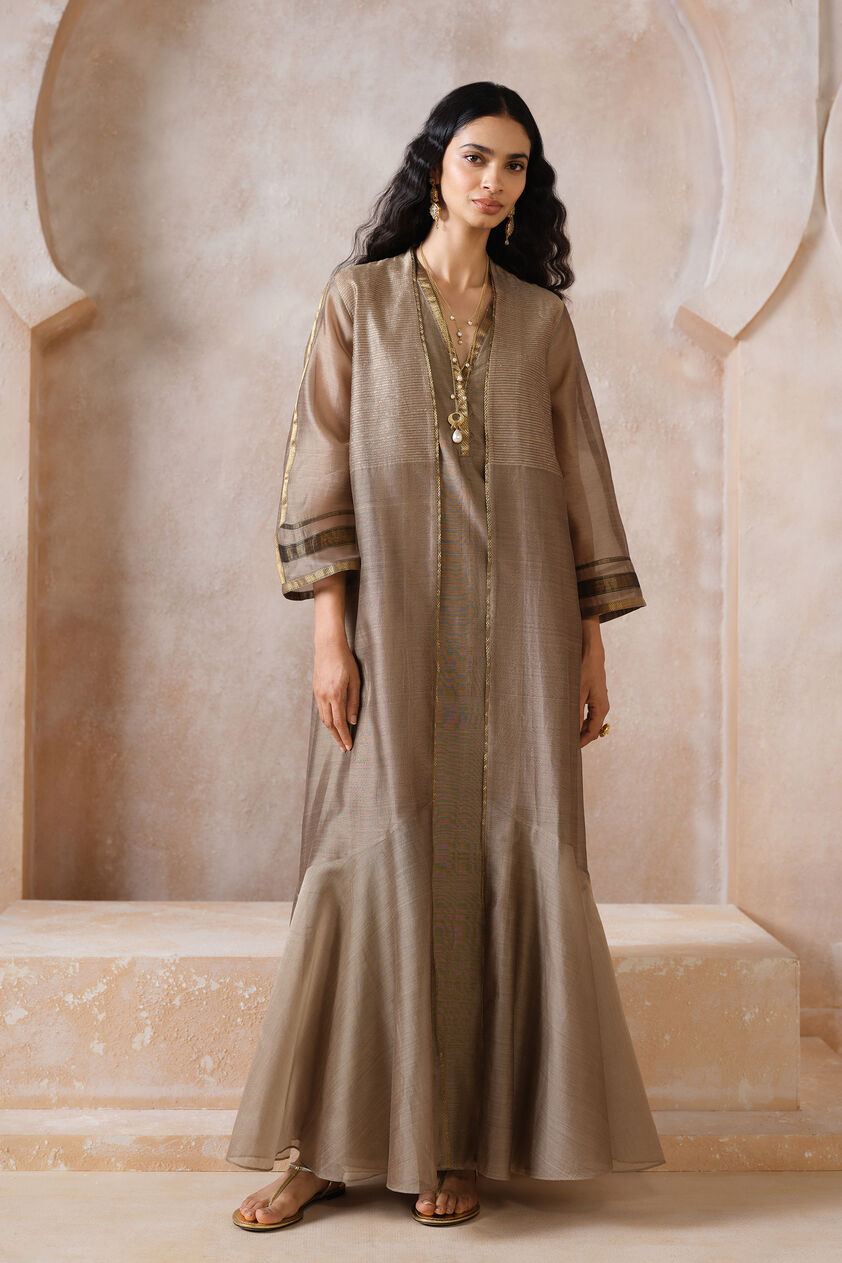 Glyn Handwoven Maheshwari Jacket Set - Khaki, Khaki, image 1