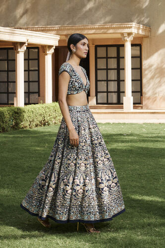 Nadisa Zardozi & Resham Silk Skirt Set - Navy Blue, Navy Blue, image 1