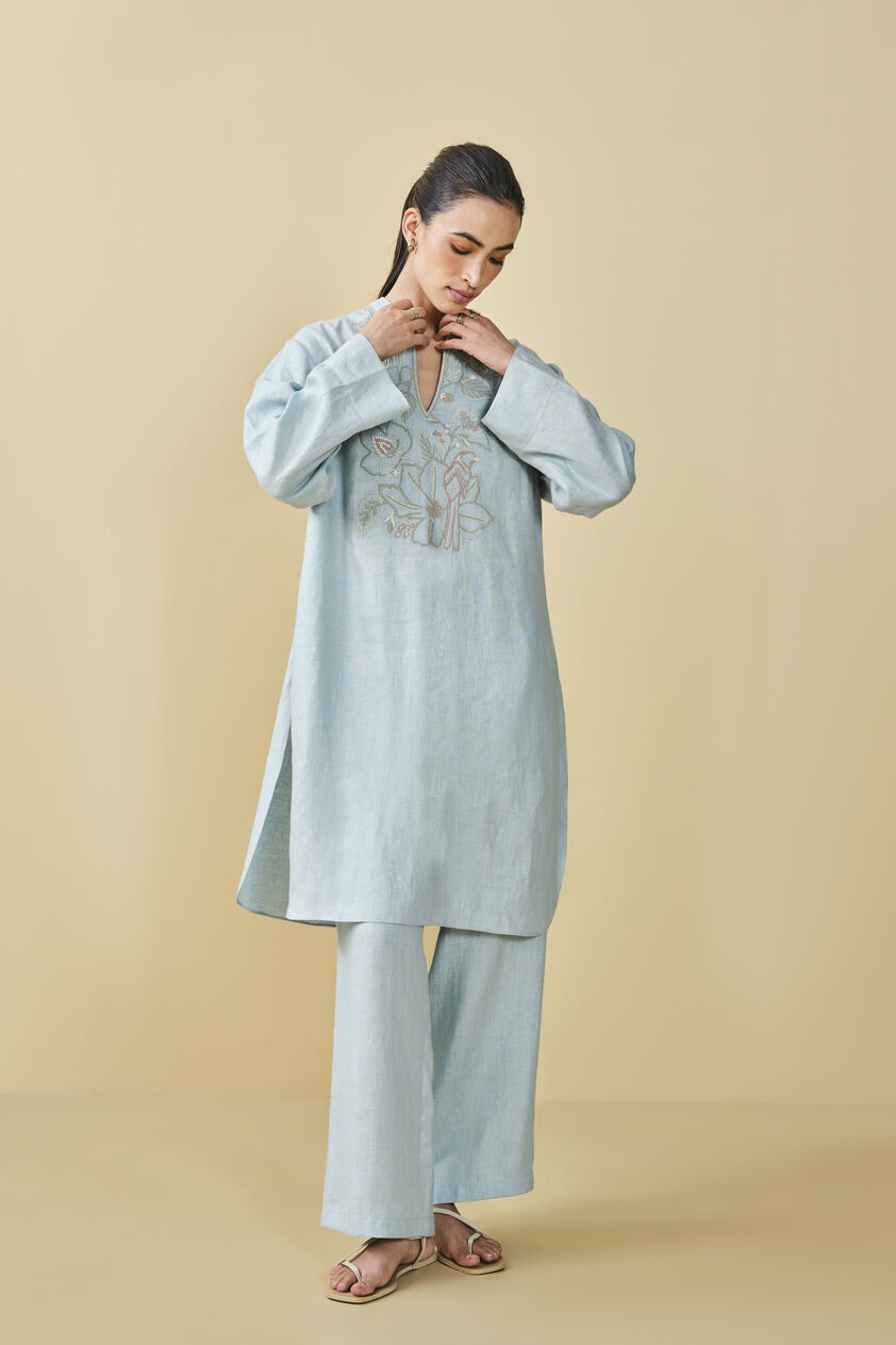 Peek Into The Trees Embroidered Hemp Kurta Set - Powder Blue, Powder Blue, image 2