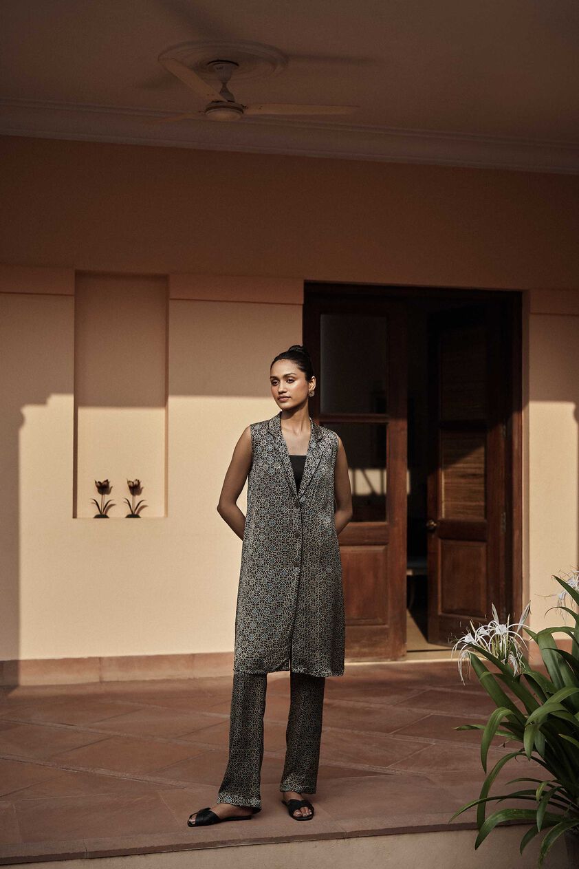Breeze Ajrakh Hand-block Printed Overlayer Coord - Black, Black, image 5
