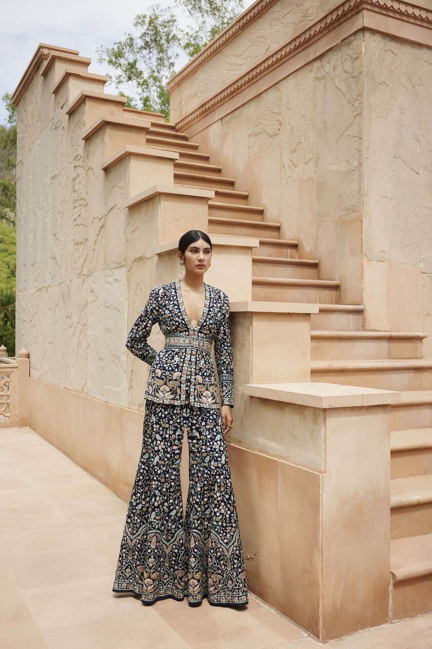 Anupa Zardozi & Resham Silk Jacket Set - Blue, Navy Blue, image 1