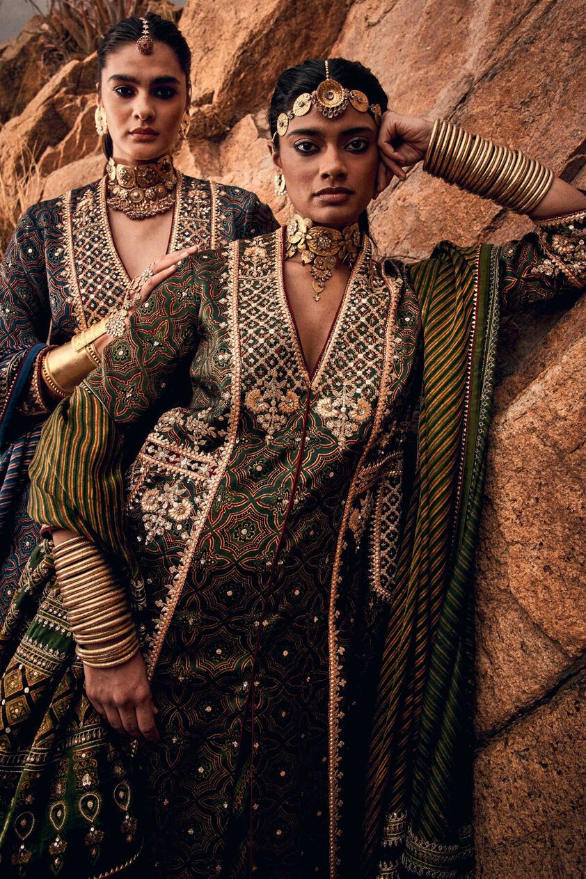 2 - Leher Ajrakh Sharara Set – Emerald, image 2