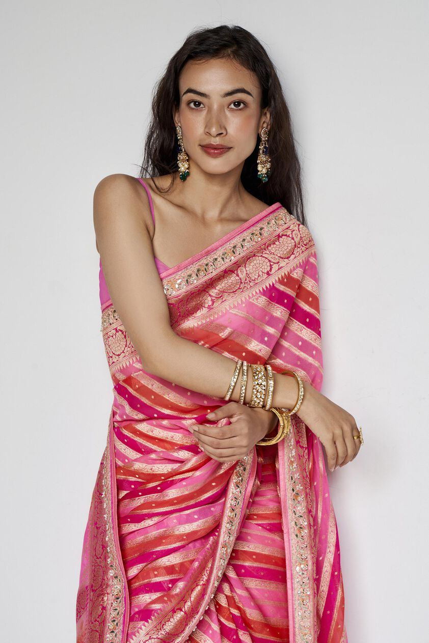 Aheli Benarasi Silk Embroidered Saree - Pink, Pink, image 7