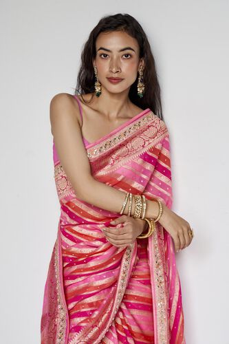 Aheli Benarasi Silk Embroidered Saree - Pink, Pink, image 7