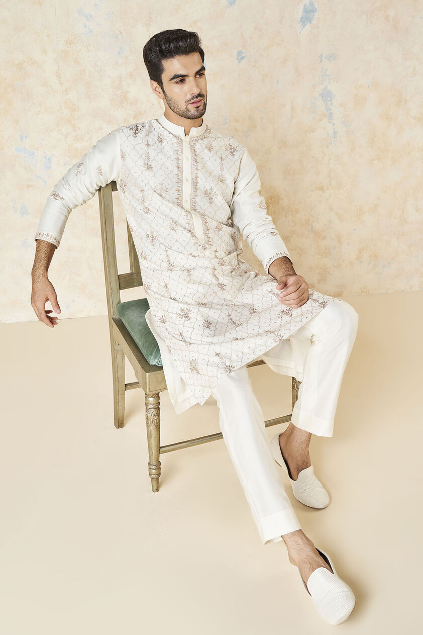 Ainan Embroidered Aari Silk Kurta - Ivory, Ivory, image 6