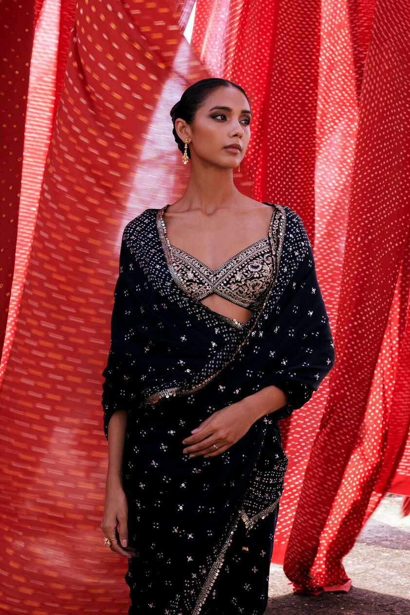 Bahi Handcrafted Bandhani Silk Saree, Black, image 2