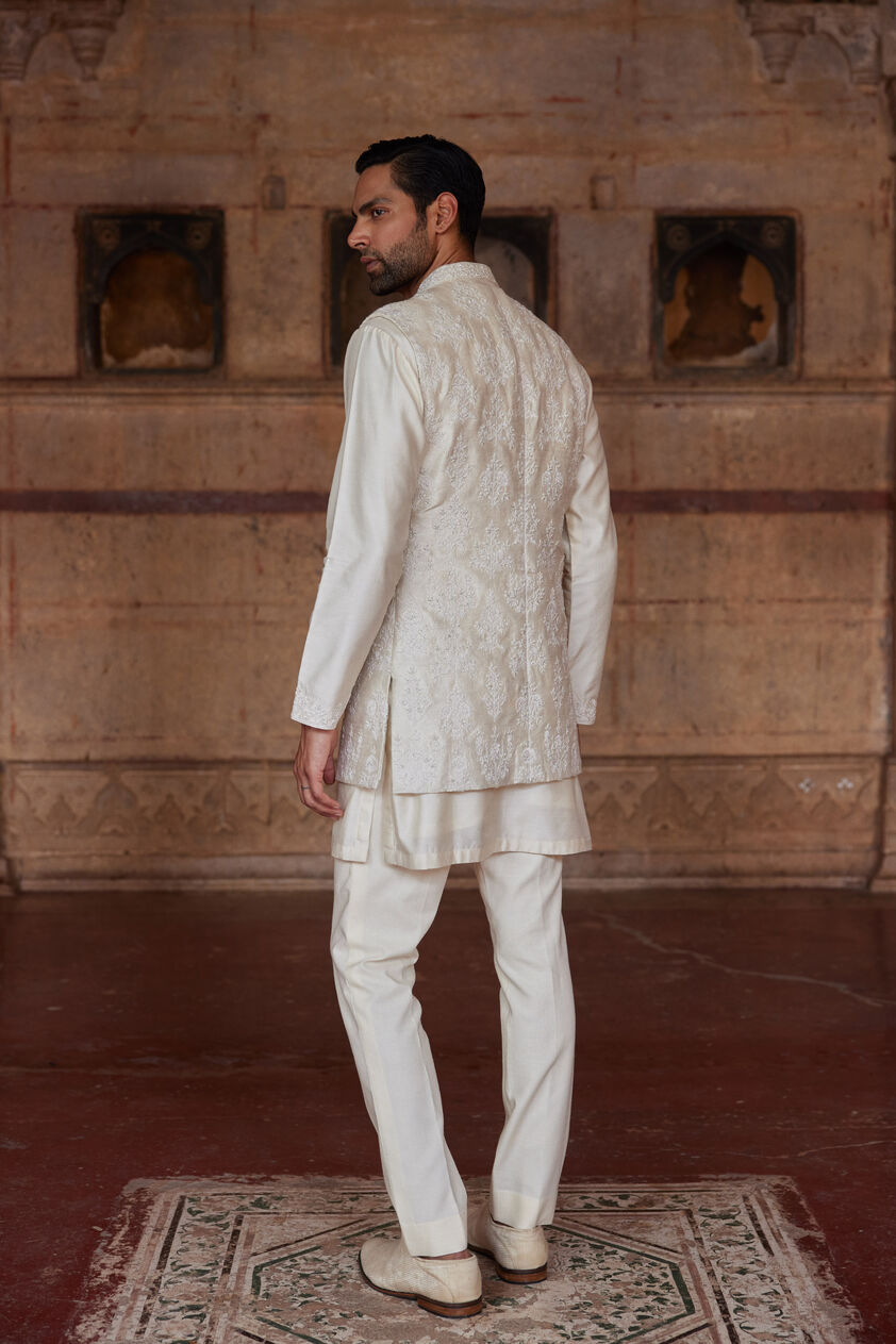 Palaksh Hand-embroidered Silk Nehru Jacket - Ivory, Ivory, image 2