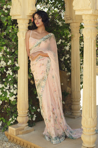 Sagara Printed Chiffon Saree, Pink, image 1