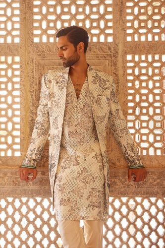Rukham Printed Silk Sherwani - Ivory, Ivory, image 3