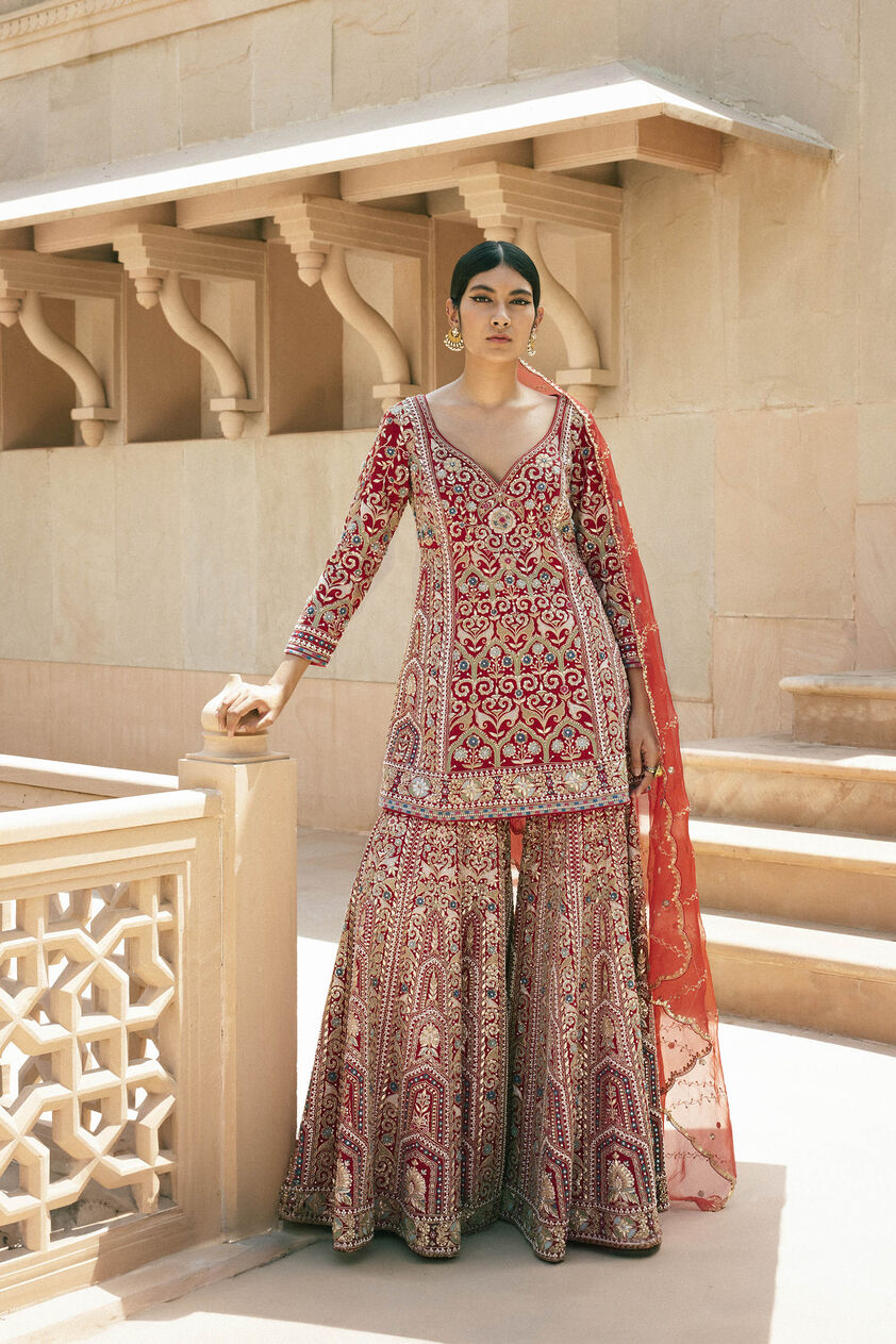 Chand Gota Patti & Resham Silk Gharara Set - Red, Red, image 1