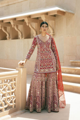 Chand Gota Patti & Resham Silk Gharara Set - Red, Red, image 1