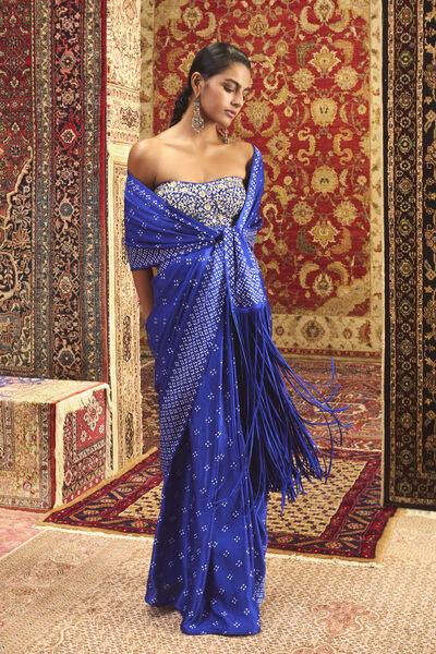 Tarangita Handcrafted Bandhani Fringe Silk Pre-draped Saree - Blue