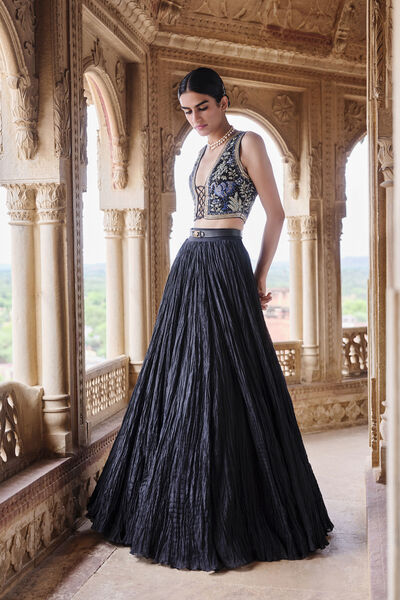 Shirina Embroidered Mul Skirt Set - Black