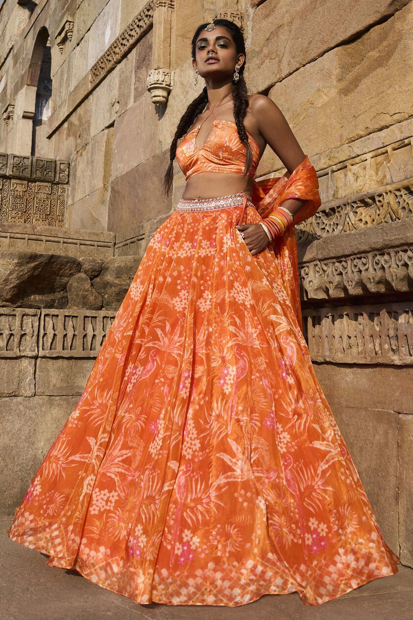 Magic Magpies Lehenga Set - Orange, Orange, image 1