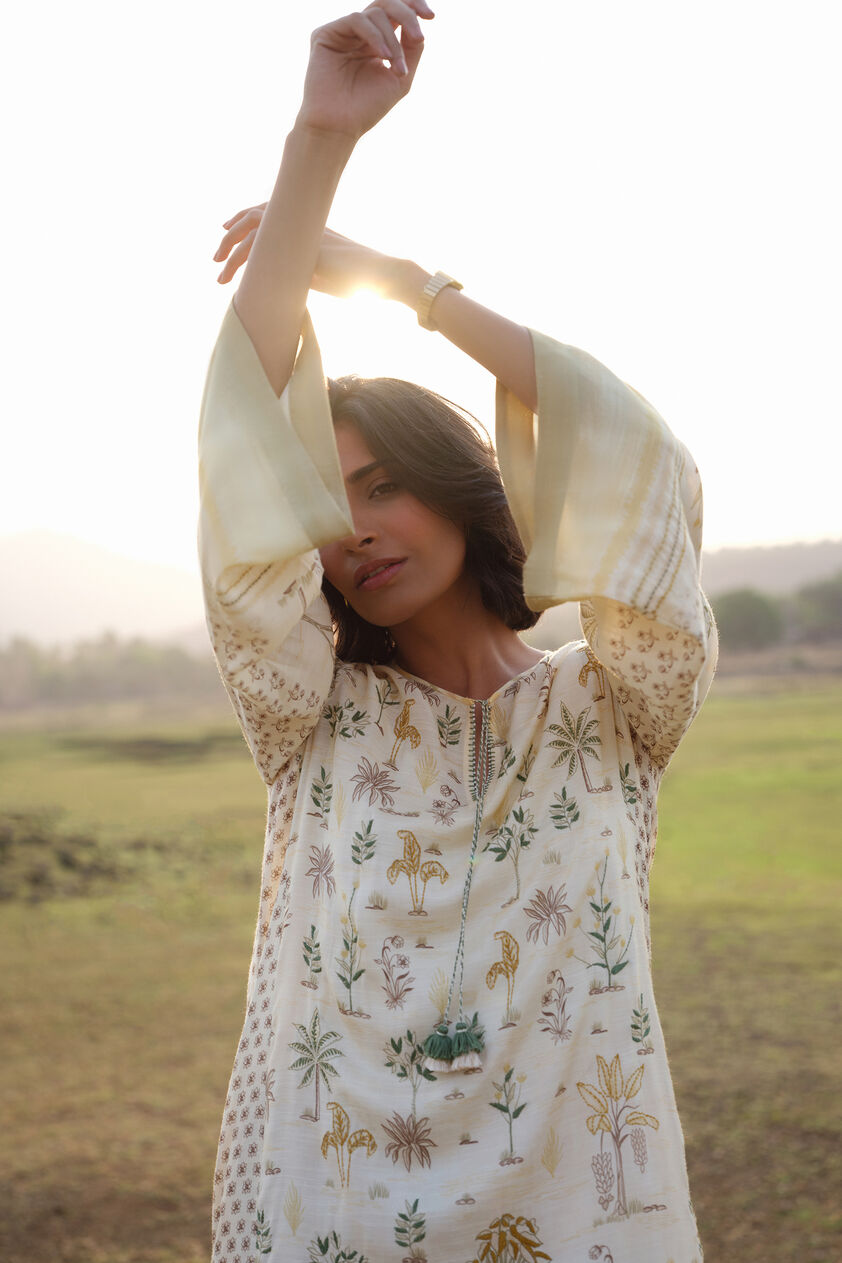 Season Song Hand-embroidered Kantha Kaftan - Yellow, Ivory, image 5