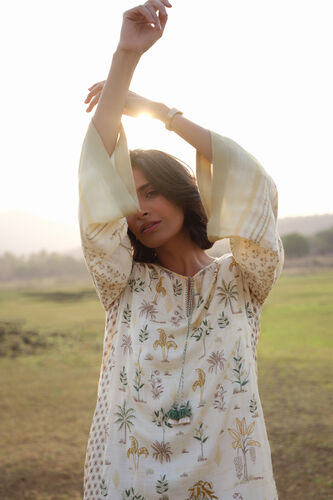 Season Song Hand-embroidered Kantha Kaftan - Yellow, Ivory, image 5