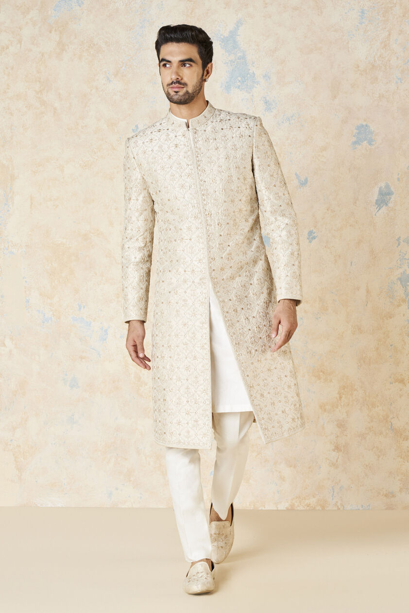 Ainesh Gota Patti & Aari Silk Sherwani - Ivory, Ivory, image 1