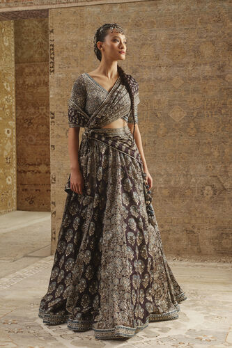 Koyyaro Ajrakh Hand-block Printed Silk Lehenga Set - Black, Black, image 1