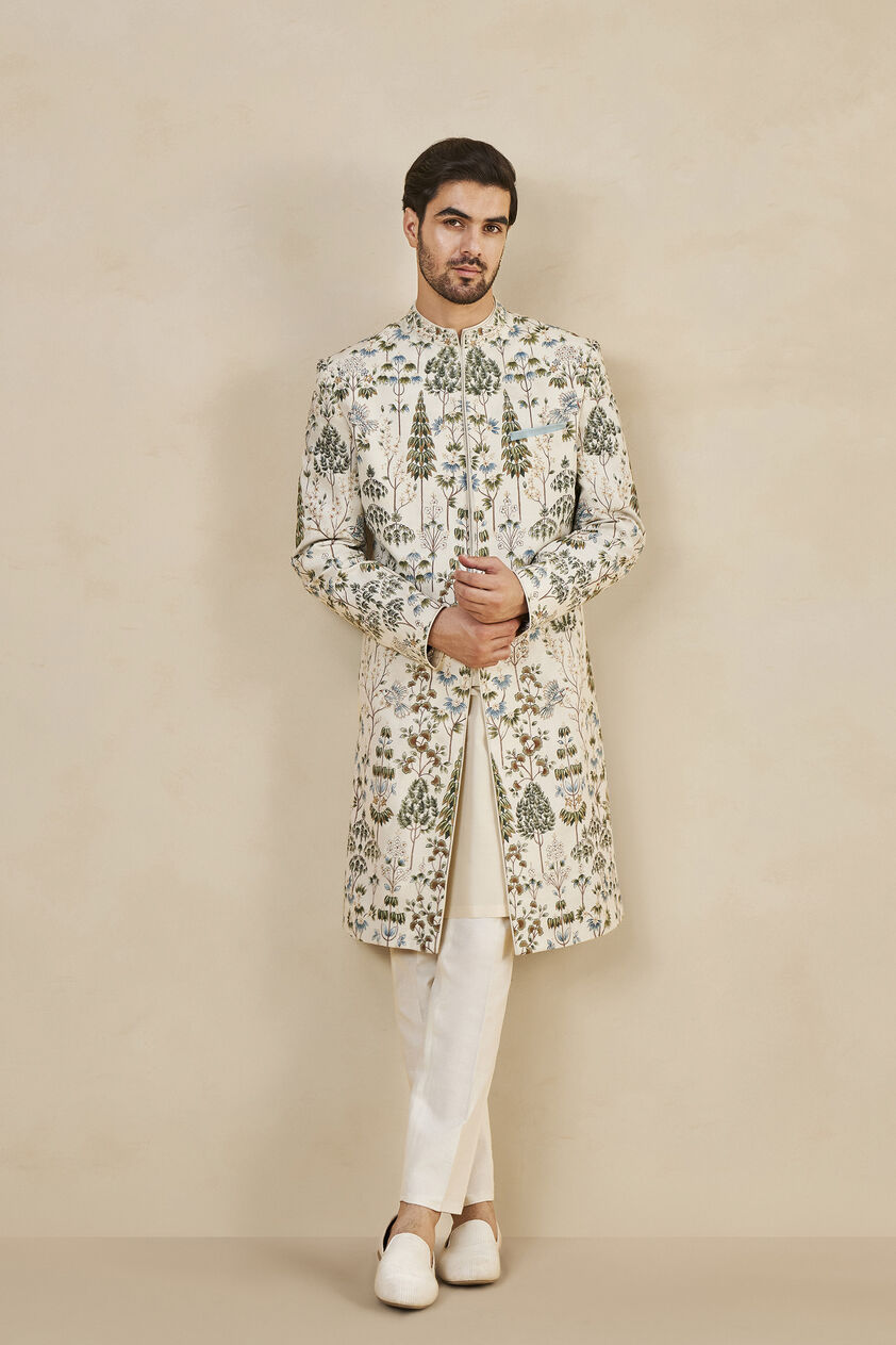 Taksh Hand-painted Pichhwai Silk Sherwani - Off White, Off White, image 2