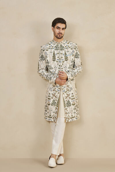 Taksh Hand-painted Pichhwai Silk Sherwani - Off White