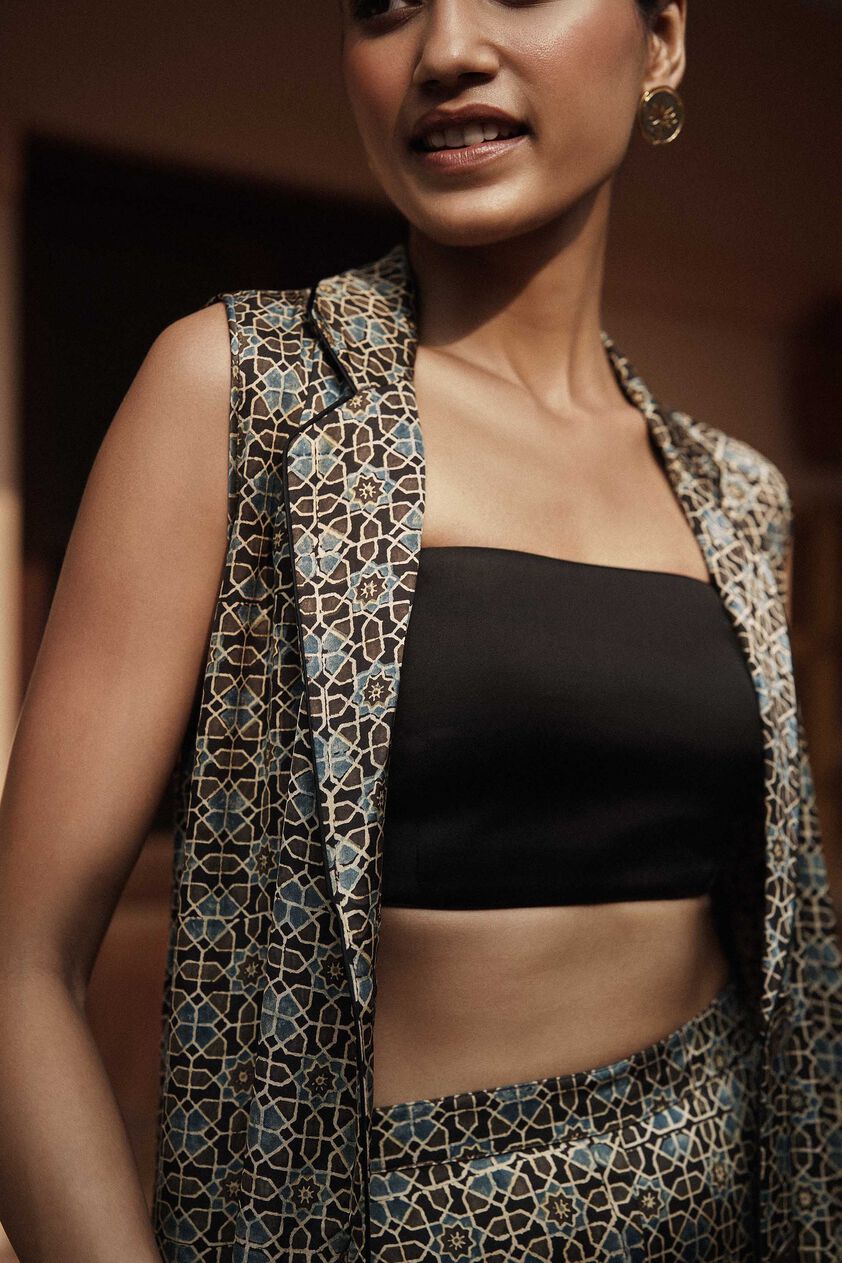Breeze Ajrakh Hand-block Printed Overlayer Coord - Black, Black, image 3