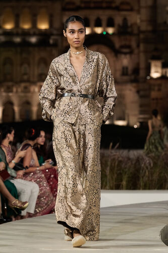 Divolka Handwoven Benarasi Silk Jacket Set - Gold, Gold, image 1