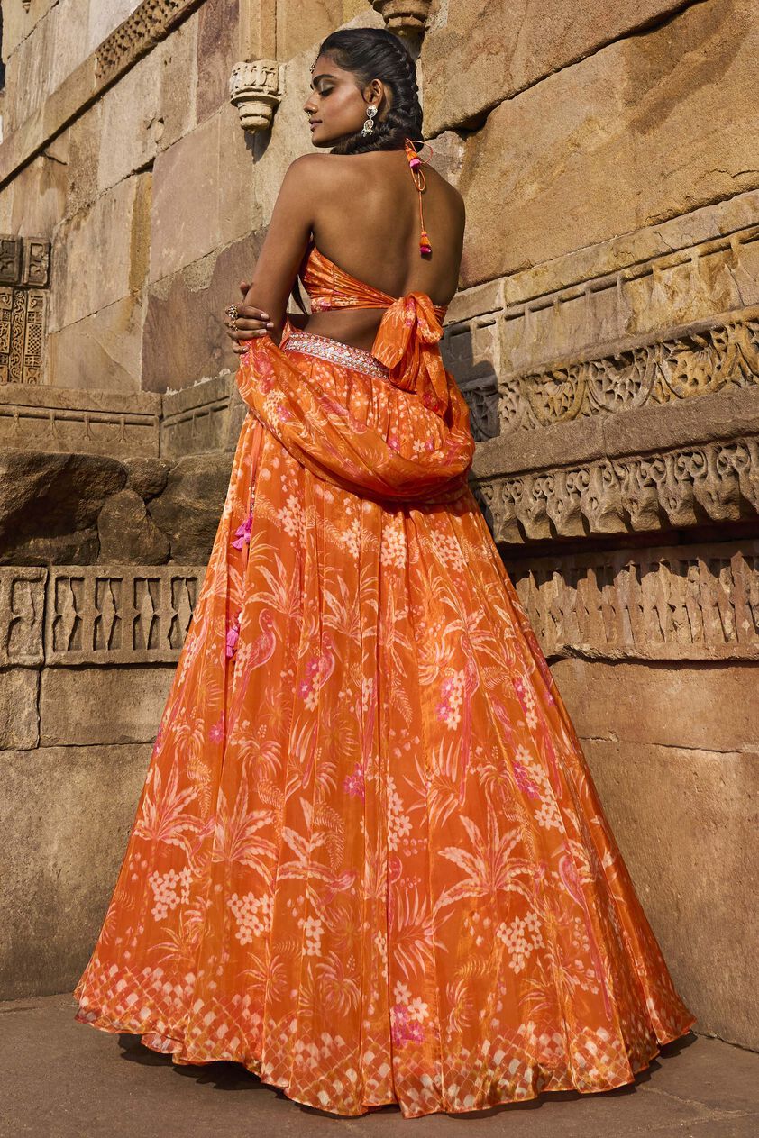 Magic Magpies Lehenga Set - Orange, Orange, image 4