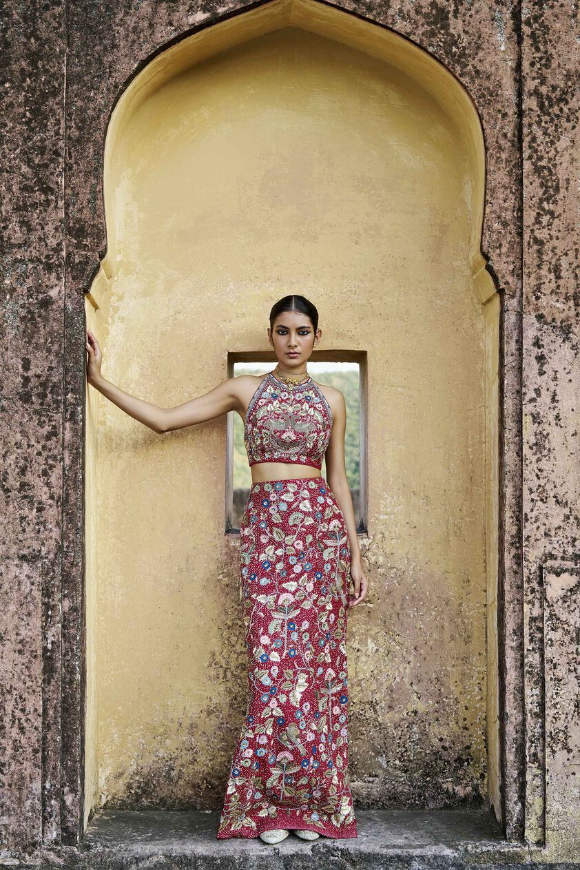 Symphony Of The Wilderness Embroidered Zardozi Silk Skirt Set - Wine, Wine, image 1