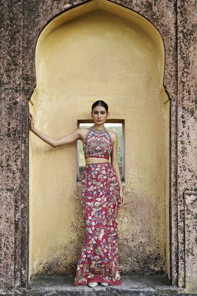 Symphony Of The Wilderness Embroidered Zardozi Silk Skirt Set - Wine