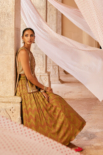 Rann Handcrafted Bandhani Silk Skirt Set - Olive, Olive, image 4