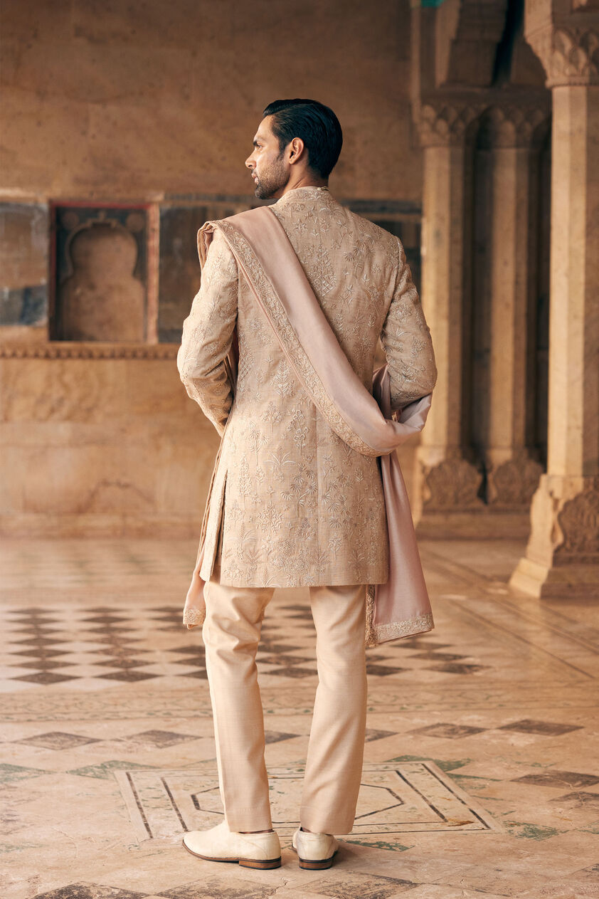 Zimraan Hand-embroidered Silk Sherwani - Beige, Beige, image 2