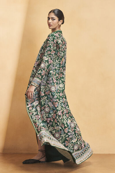 Blooming Wildforest SEWA Hand-embroidered Silk Jacket Set - Green