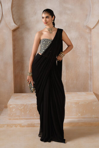 Neerudhi Embroidered Cord Pre-draped Saree - Black, Black, image 1