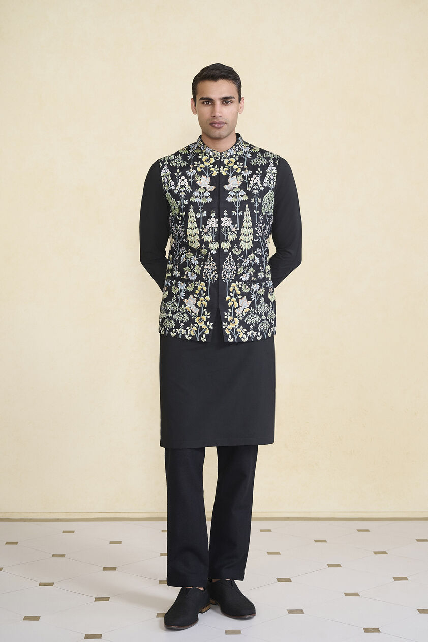 Nalesh Hand-painted Pichhwai Silk Nehru Jacket - Black, Black, image 1