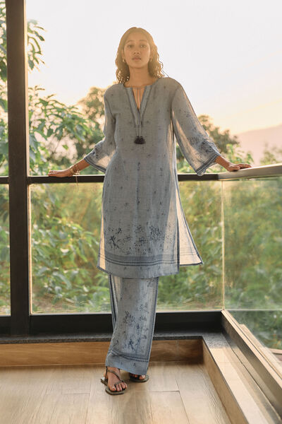 Pond Printed Linen Kurta Set  - Blue
