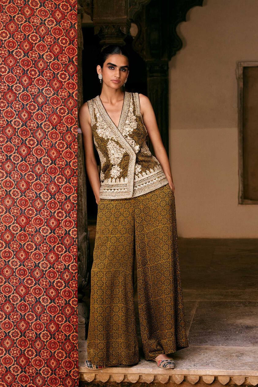 Bahada Ajrakh Hand-block Printed Silk Palazzo Set - Olive, Olive, image 1