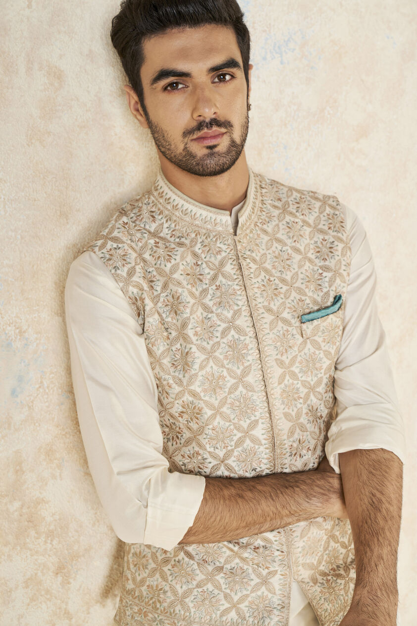 Rayan Embroidered Silk Nehru Jacket - Ivory, Ivory, image 4