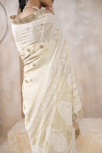 Sharika Hand-embroidered Chikankari Silk Saree - Beige, Beige, image 5