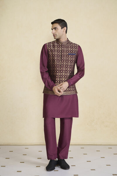 Davin Handwoven Benarasi Nehru Jacket - Plum