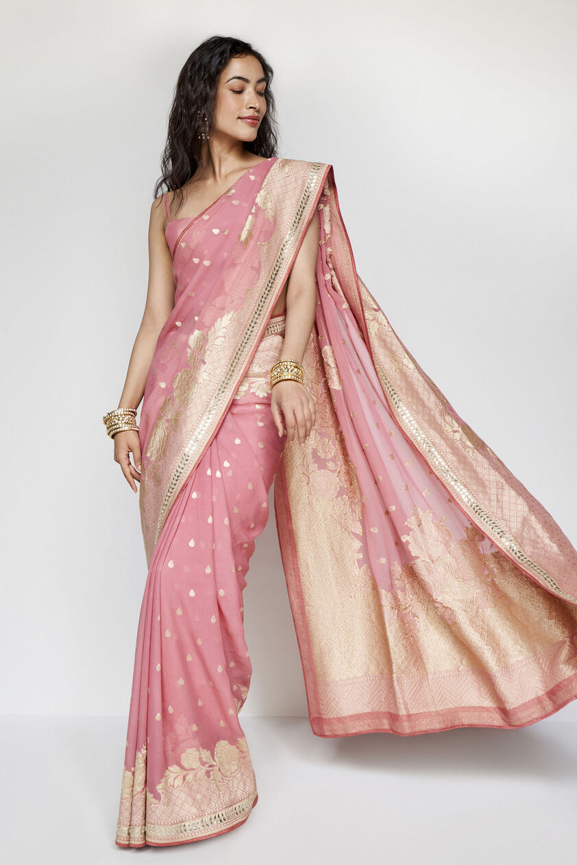 Abhinaya Benarasi Silk Embroidered Saree, Blush, image 4