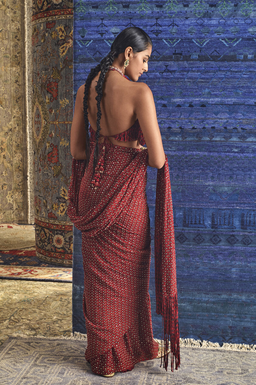 Anuka Ajrakh Hand-block Printed Fringe Pre-draped Saree - Red, Red, image 2