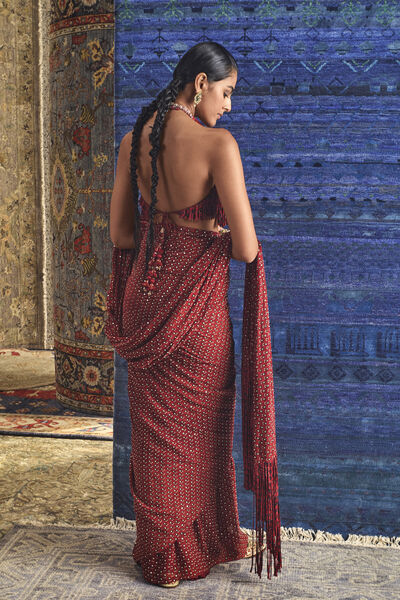 Anuka Ajrakh Hand-block Printed Fringe Pre-draped Saree - Red