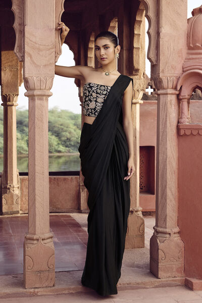 Samara Embroidered Silk Pre-draped Saree - Black